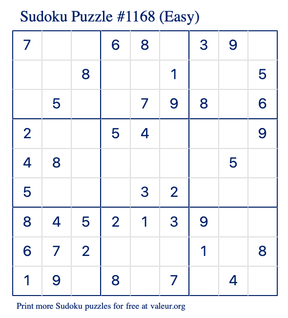 Free Printable Easy Sudoku Puzzle number 1168