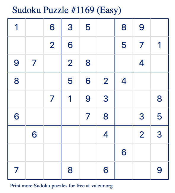 Free Printable Easy Sudoku Puzzle number 1169