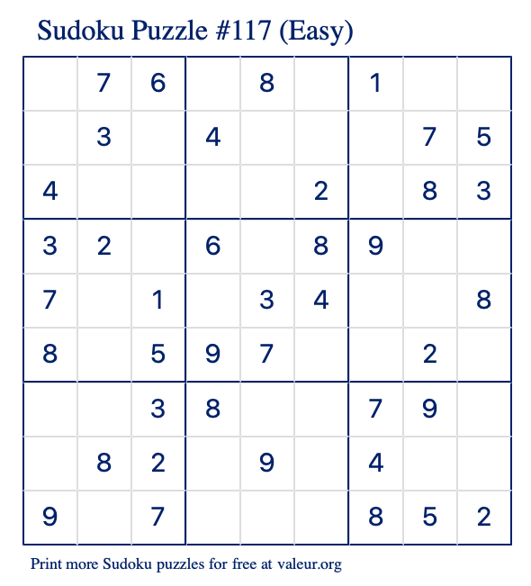 Free Printable Easy Sudoku Puzzle number 117