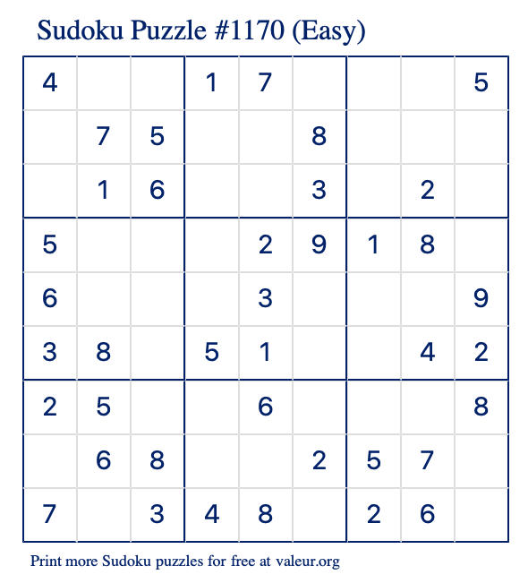 Free Printable Easy Sudoku Puzzle number 1170