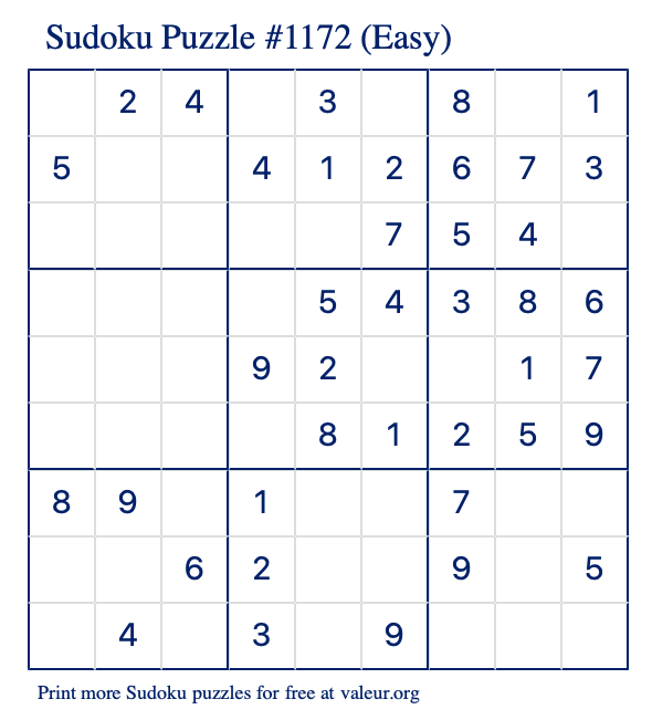 Free Printable Easy Sudoku Puzzle number 1172