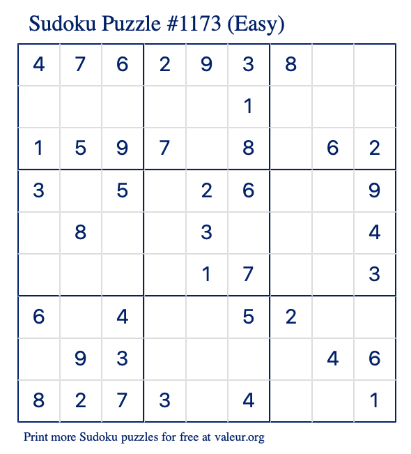 Free Printable Easy Sudoku Puzzle number 1173