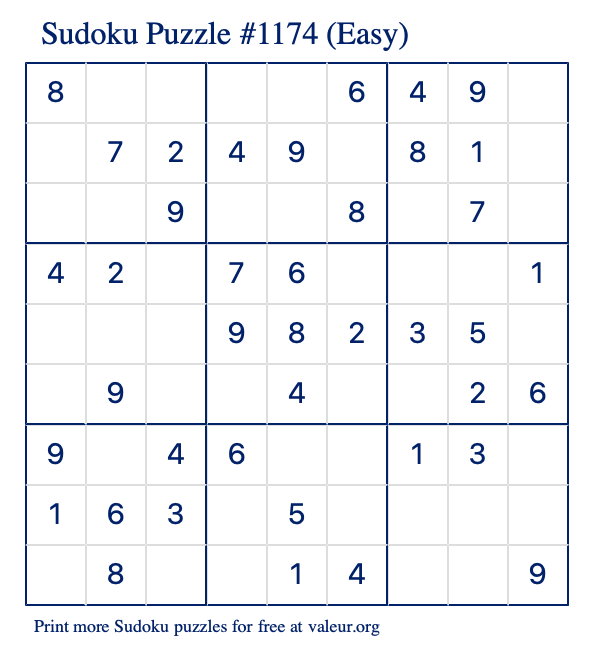 Free Printable Easy Sudoku Puzzle number 1174