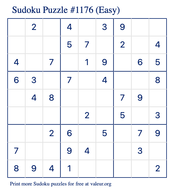 Free Printable Easy Sudoku Puzzle number 1176