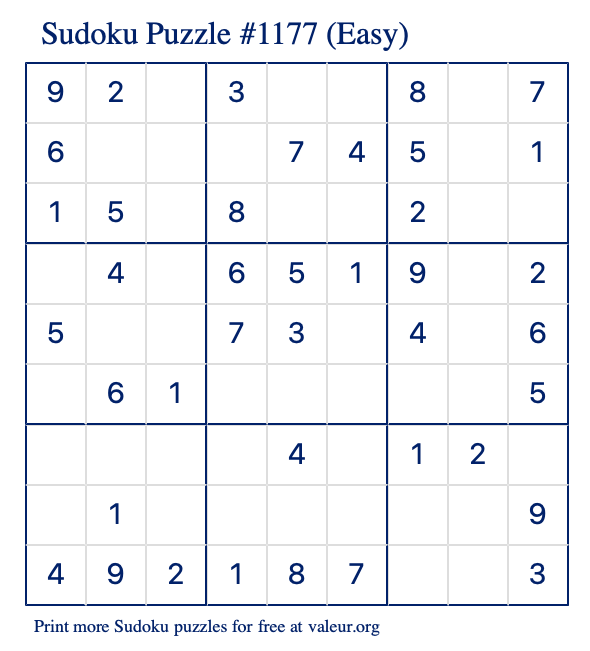 Free Printable Easy Sudoku Puzzle number 1177