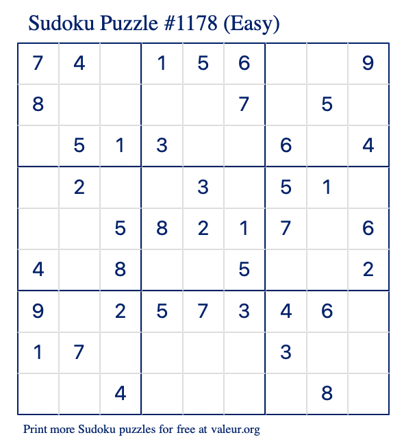 Free Printable Easy Sudoku Puzzle number 1178