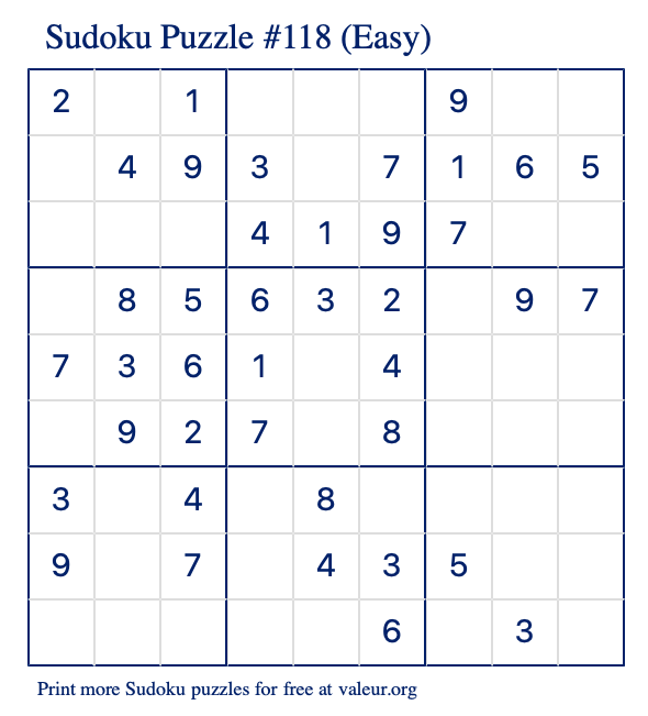 Free Printable Easy Sudoku Puzzle number 118