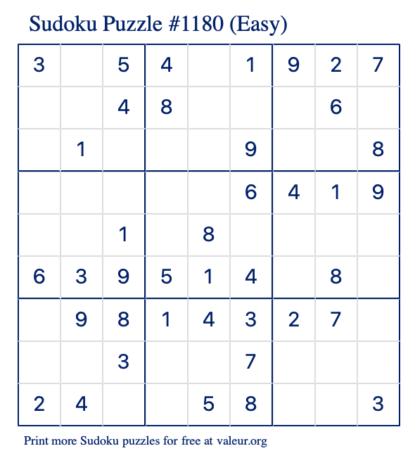 Free Printable Easy Sudoku Puzzle number 1180