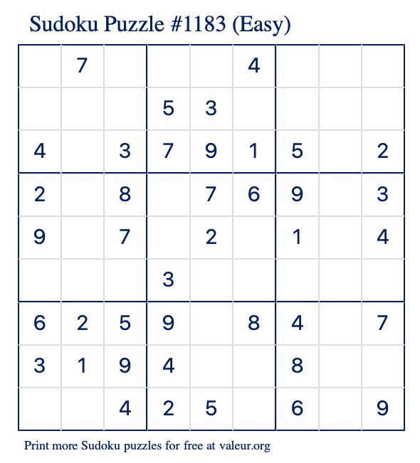Free Printable Easy Sudoku Puzzle number 1183
