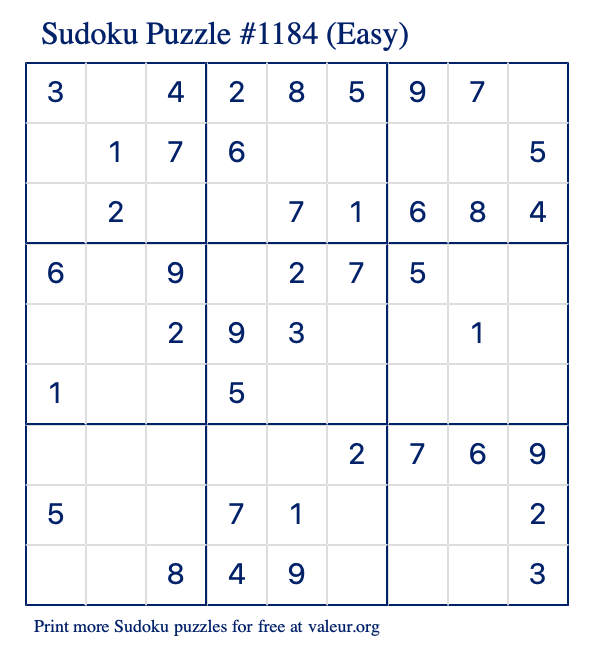 Free Printable Easy Sudoku Puzzle number 1184