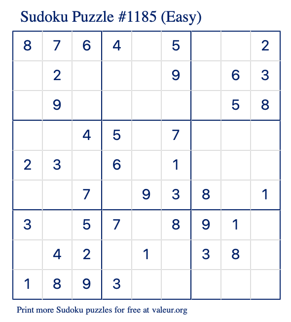 free printable easy sudoku with the answer 1185