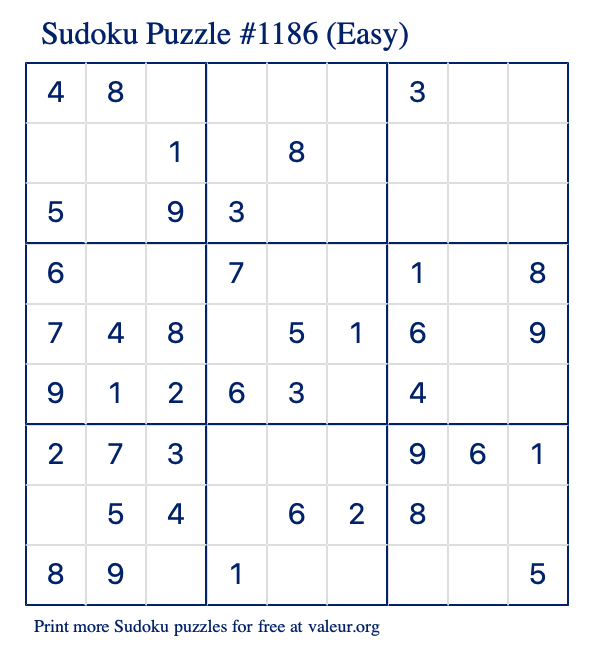 Free Printable Easy Sudoku Puzzle number 1186