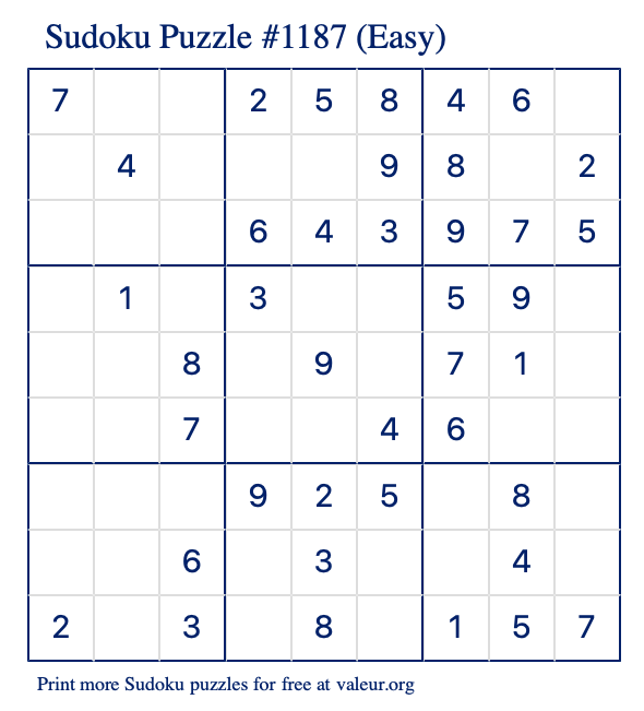 Free Printable Easy Sudoku Puzzle number 1187