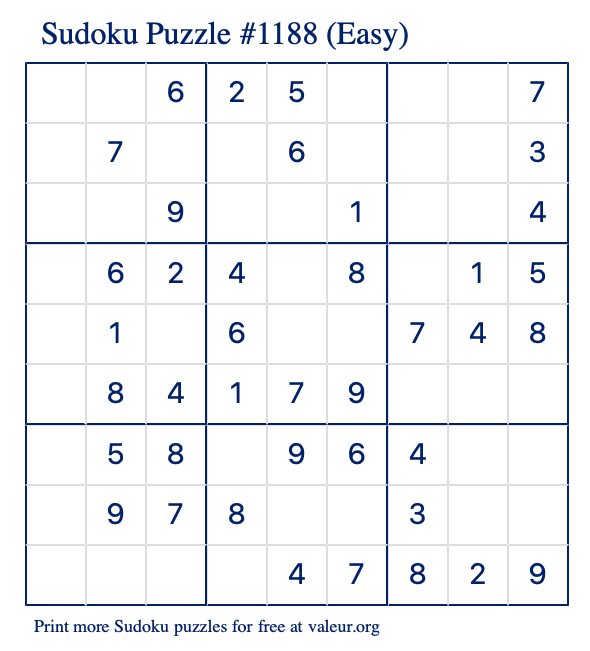 Free Printable Easy Sudoku Puzzle number 1188
