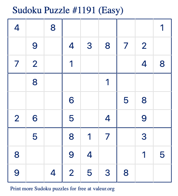 Free Printable Easy Sudoku Puzzle number 1191