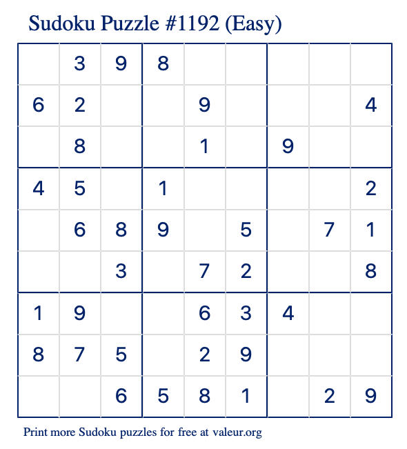 Free Printable Easy Sudoku Puzzle number 1192