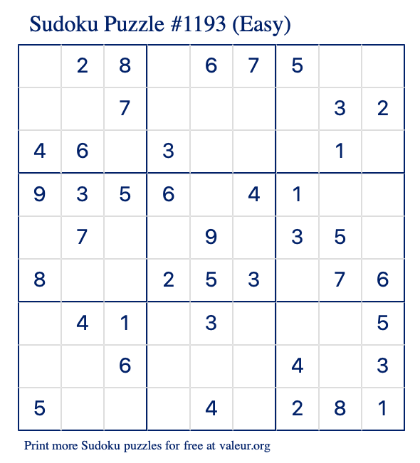 Free Printable Easy Sudoku Puzzle number 1193