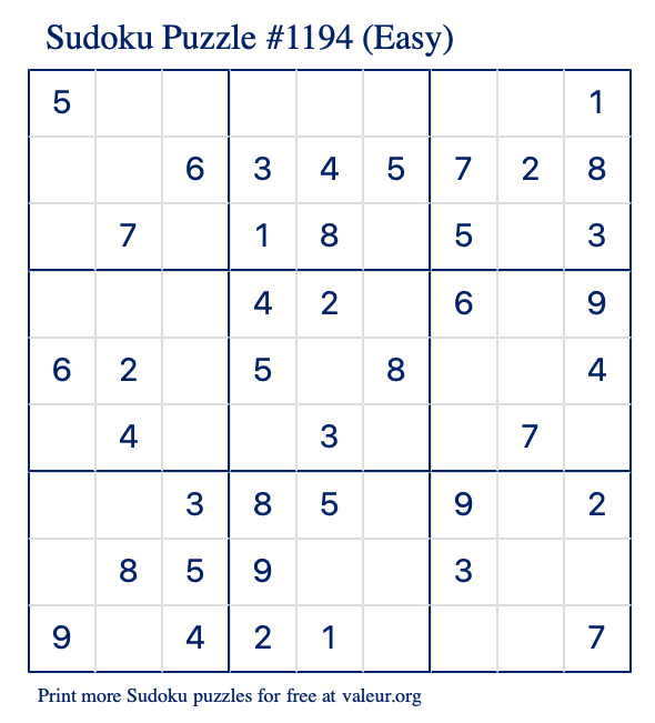 Free Printable Easy Sudoku Puzzle number 1194