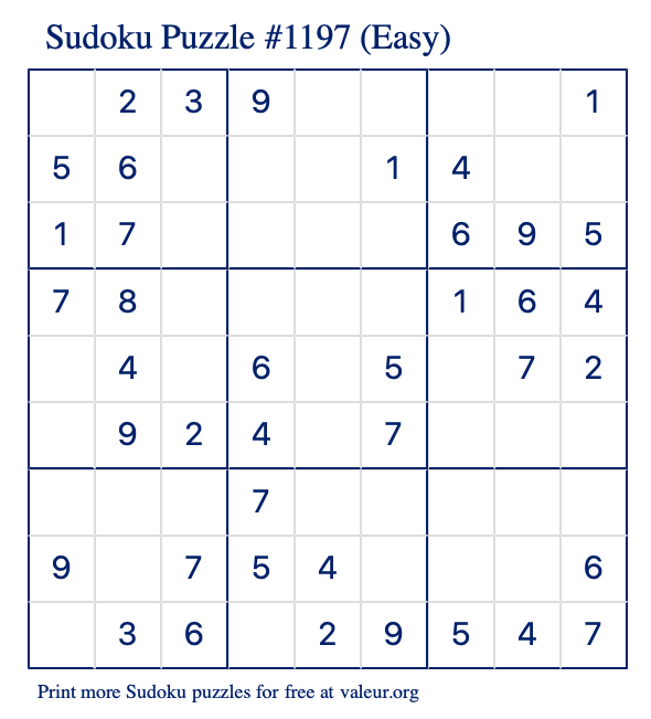 Free Printable Easy Sudoku Puzzle number 1197