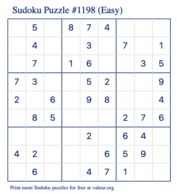 Free Printable Easy Sudoku Puzzle number 1198