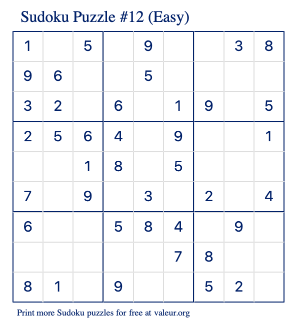 Free Printable Easy Sudoku Puzzle number 12