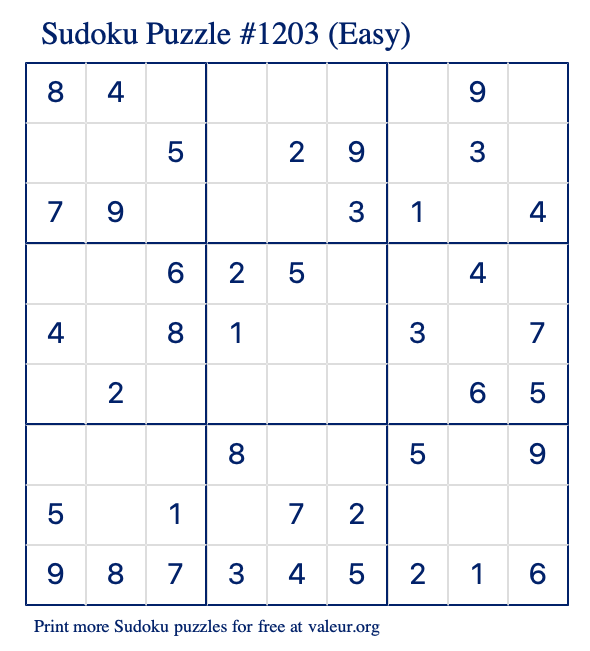 Free Printable Easy Sudoku Puzzle number 1203