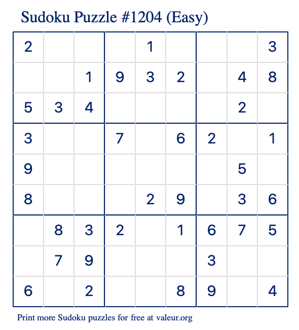 Free Printable Easy Sudoku Puzzle number 1204