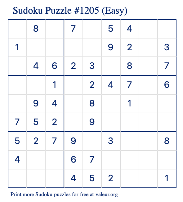 Free Printable Easy Sudoku Puzzle number 1205