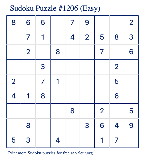 Free Printable Easy Sudoku Puzzle number 1206