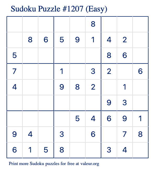 Free Printable Easy Sudoku Puzzle number 1207