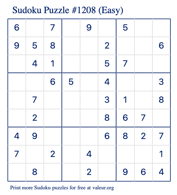 Free Printable Easy Sudoku Puzzle number 1208