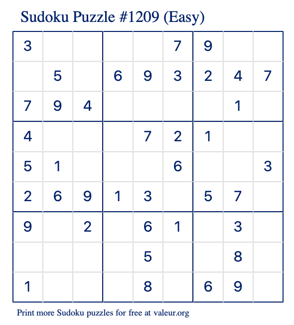 Free Printable Easy Sudoku Puzzle number 1209