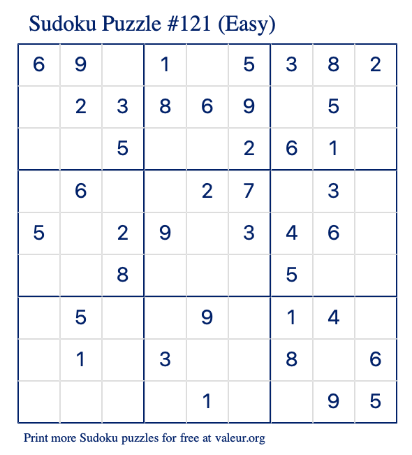 Free Printable Easy Sudoku Puzzle number 121