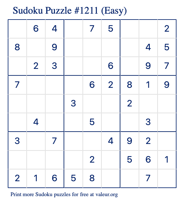 Free Printable Easy Sudoku Puzzle number 1211