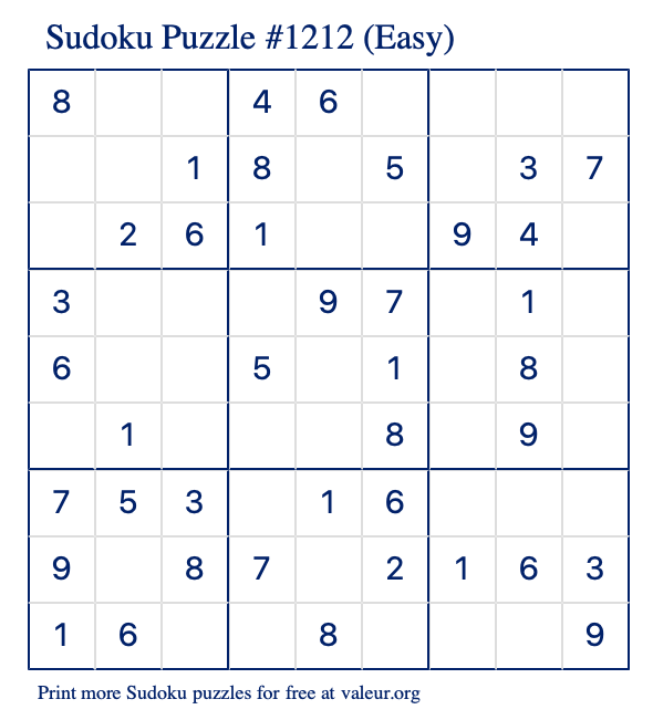 Free Printable Easy Sudoku Puzzle number 1212