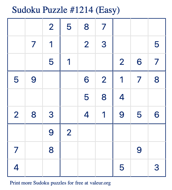 Free Printable Easy Sudoku Puzzle number 1214