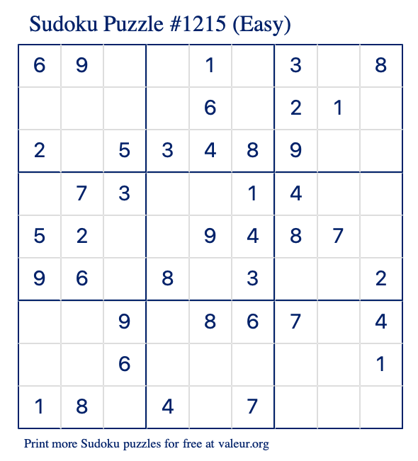 Free Printable Easy Sudoku Puzzle number 1215