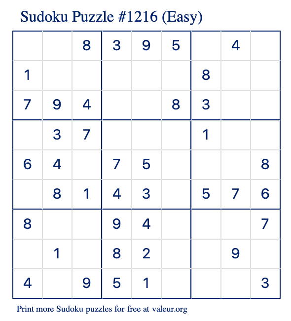 Free Printable Easy Sudoku Puzzle number 1216