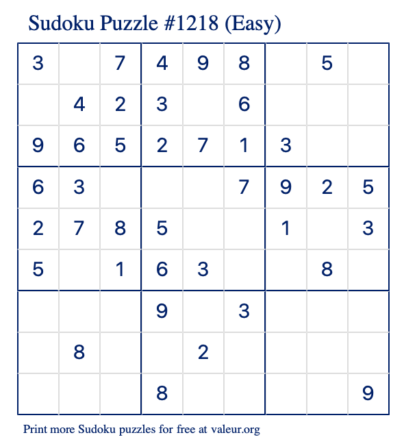 Free Printable Easy Sudoku Puzzle number 1218