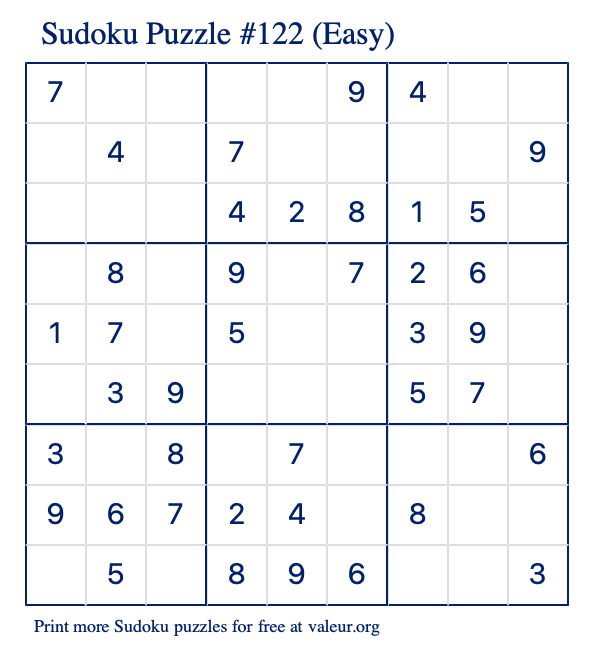 Free Printable Easy Sudoku Puzzle number 122