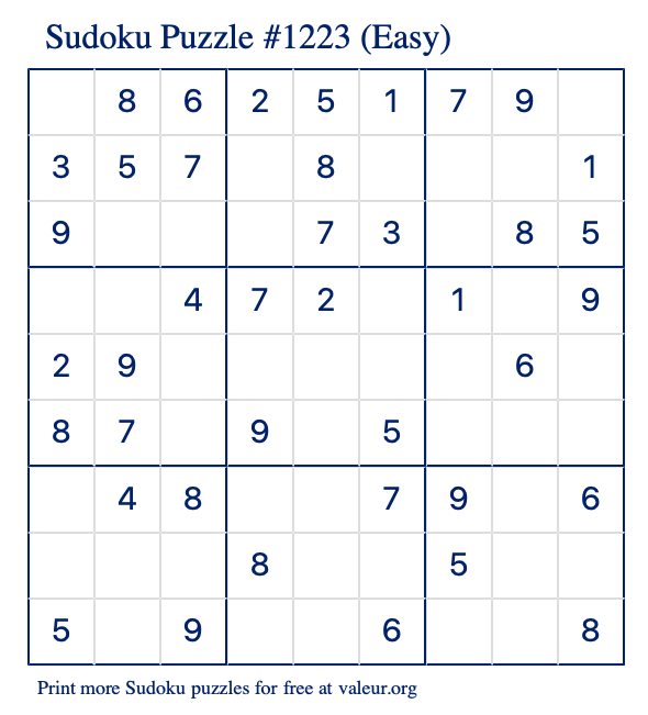 Free Printable Easy Sudoku Puzzle number 1223