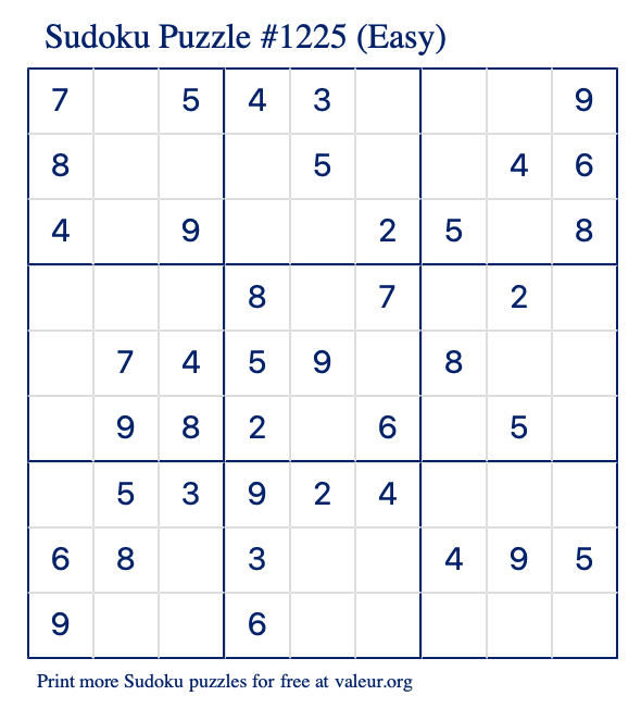 Free Printable Easy Sudoku Puzzle number 1225
