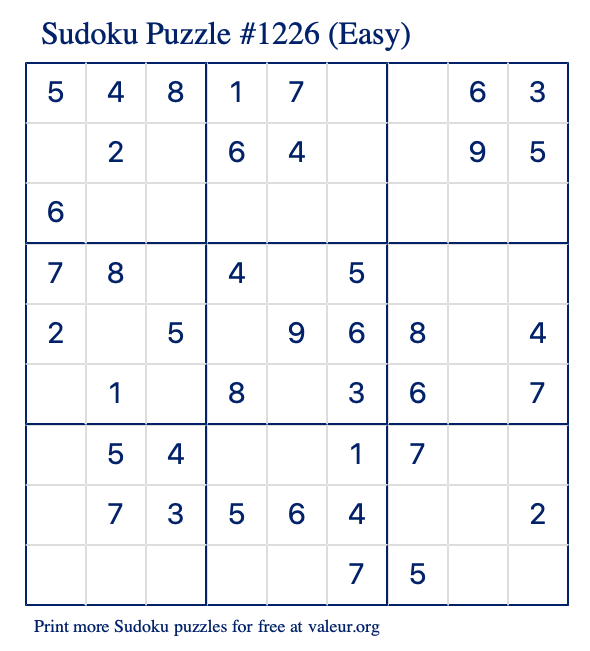 Free Printable Easy Sudoku Puzzle number 1226