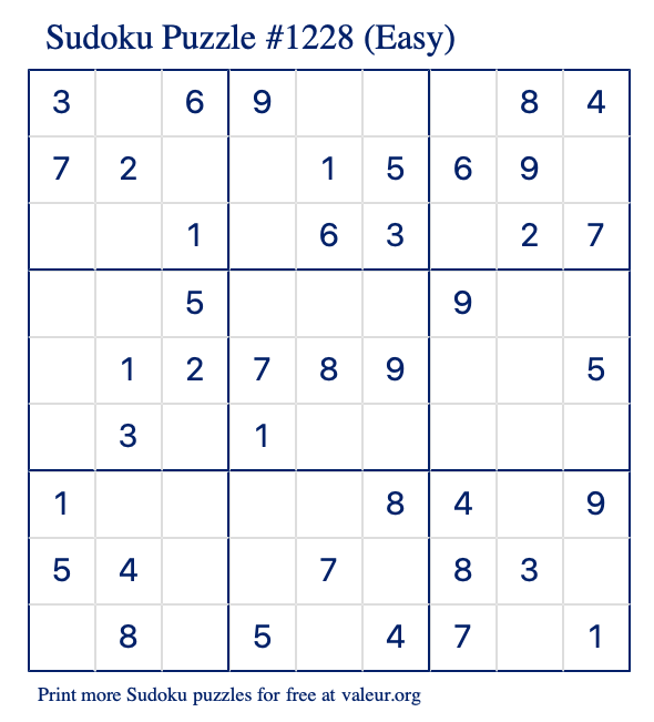 Free Printable Easy Sudoku Puzzle number 1228