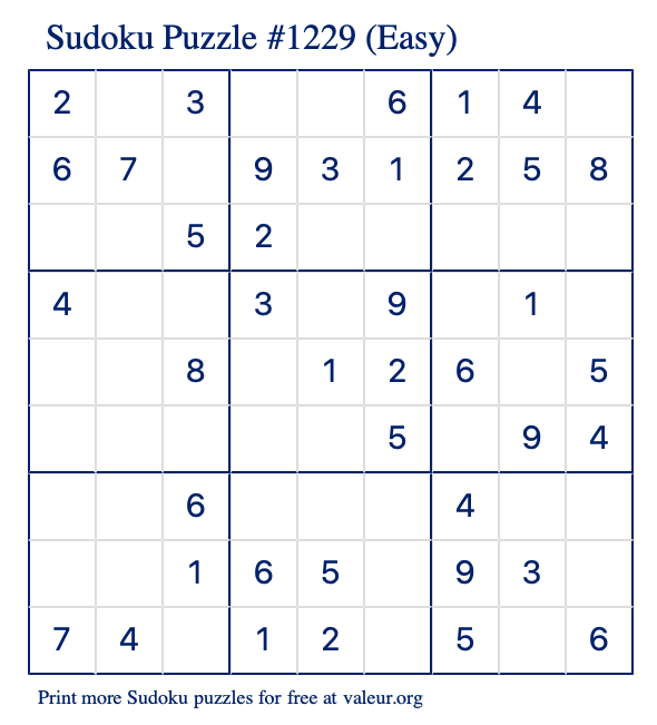 Free Printable Easy Sudoku Puzzle number 1229