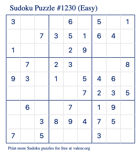 Free Printable Easy Sudoku Puzzle number 1230
