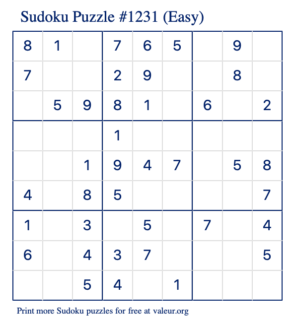 Free Printable Easy Sudoku Puzzle number 1231