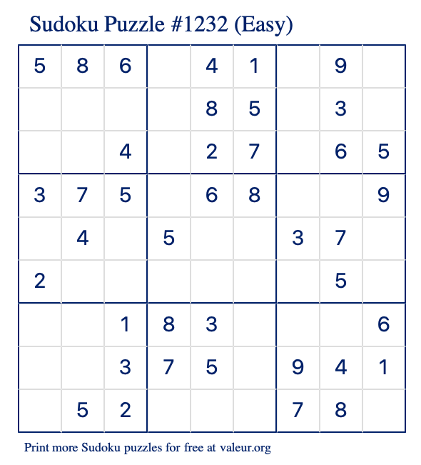 Free Printable Easy Sudoku Puzzle number 1232