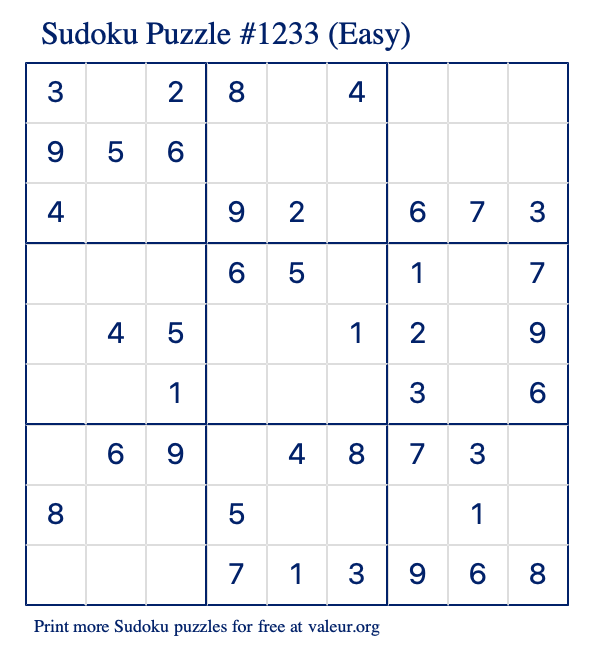 Free Printable Easy Sudoku Puzzle number 1233