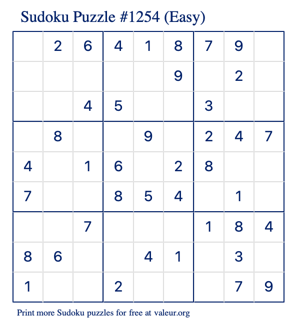 Free Printable Easy Sudoku Puzzle number 1254